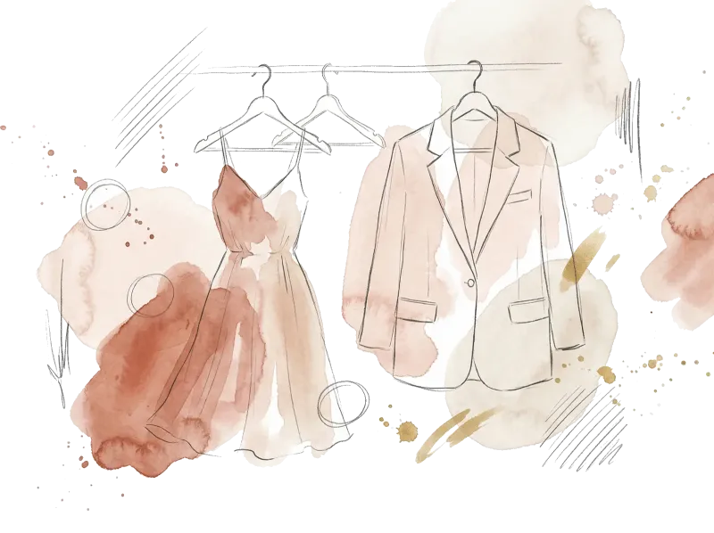 Fashion illustration — dress and blazer on hangers, watercolor style