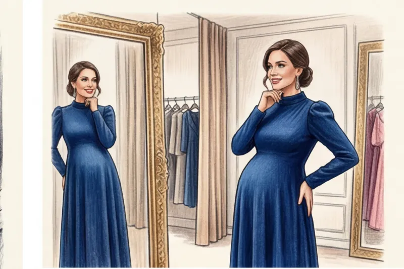 Скромно и удобно: закрытые вечерние платья для беременных - 3