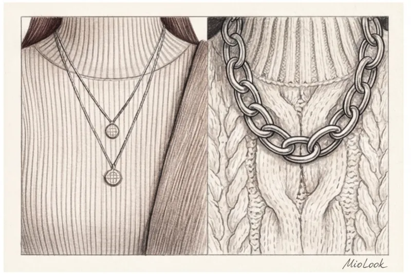 Какие украшения носить с водолазкой и объемным свитером - 9