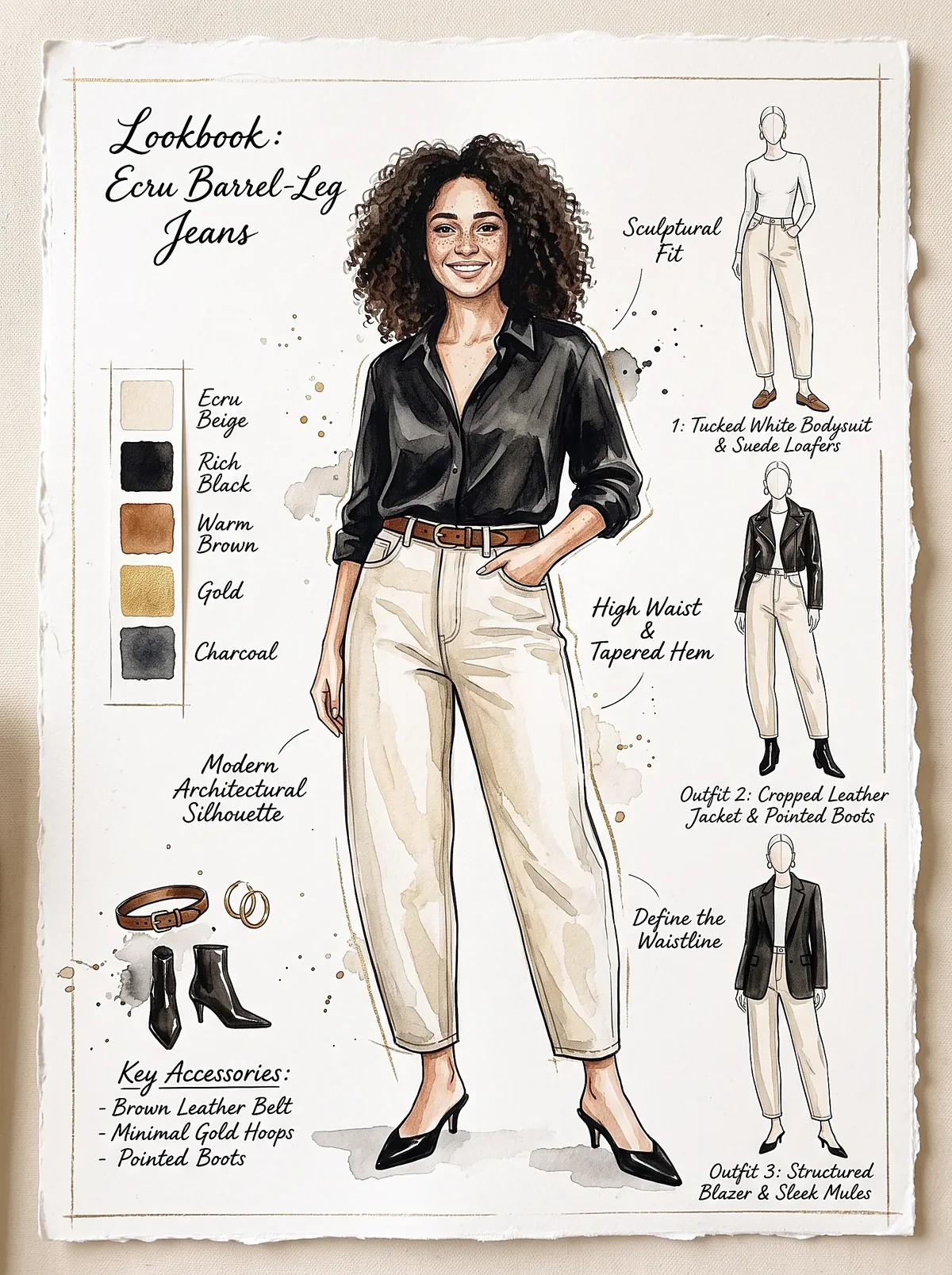 Lookbook for ecru barrel-leg jeans
