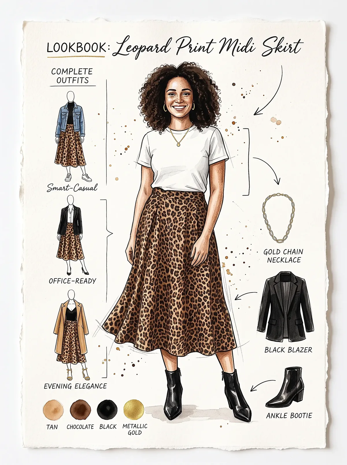 Lookbook for a leopard print midi skirt